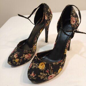 FLORAL PRINT PLATFORM HIGH HEEL WITH ANKLE STRAP ROUND TOE WOMEN SIZE 10
